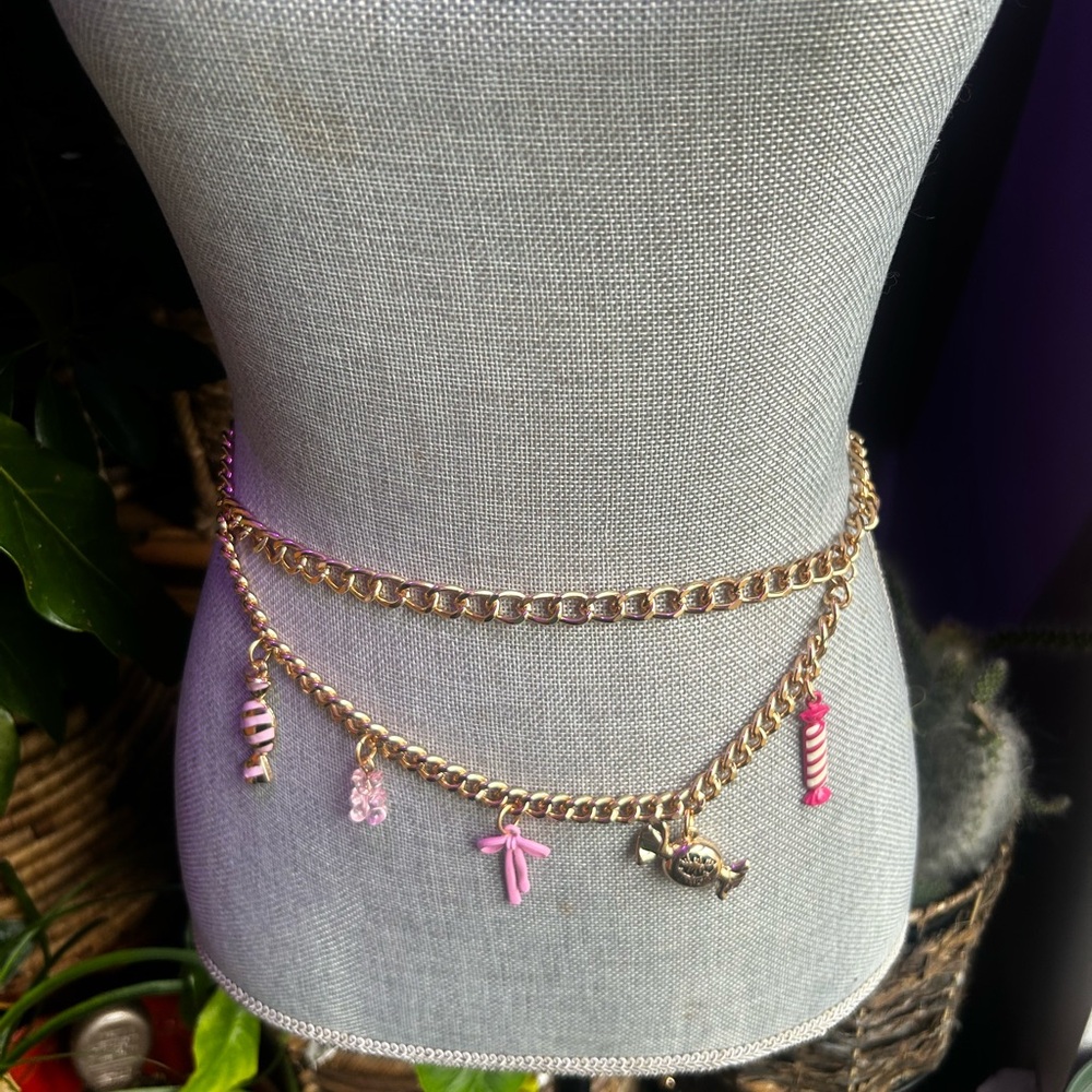 Betsey Johnson Gold Chain with  5 Pink playful charms